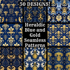 Heraldic Blue and Gold Seamless Digital Paper, Printable Scrapbook Paper Seamless Textures, Digital Instant Download Heraldic Background