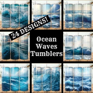Op de afbeelding: 24 Designs! Ocean Wave Tumblers. Een collage van negen afbeeldingen die verschillende ontwerpen van ocean wave tumblers laten zien. Elke tumbler is een roestvrijstalen beker met een deksel en een rietje. De tumblers hebben verschillende ocean wave ontwerpen in de kleuren blauw, wit en groen.