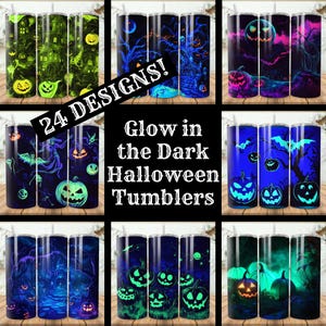 Glow in the Dark Halloween Tumbler 24 Bundle Pack Halloween 20 oz Skinny Tumbler Sublimation Designs Glow in the Dark Tapered Tumbler PNG