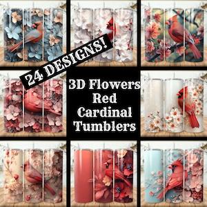 3D Flowers Red Cardinal Tumbler Wrap Bundle 24 Pack 20 oz Skinny Tumbler Sublimation Designs Straight Tapered Tumbler PNG, Instant Download