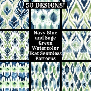 Navy Blue and Sage Green Watercolor Ikat Seamless Digital Paper, Printable Scrapbook Paper Seamless Textures, Digital Instant Download Wrap
