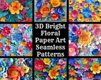 Op de afbeelding: 50 Designs! 3D Lichte florale papierkunst naadloze patronen. Een collage van negen kleurrijke papierbloemontwerpen met verschillende kleuren en patronen.