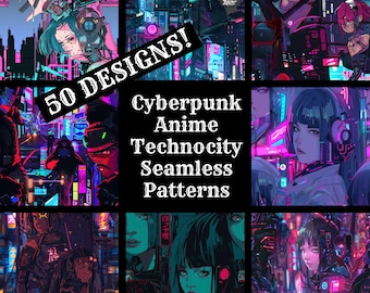 サイバーパンクアニメシームレスパターン：テクノシティデジタルペーパー（PNG、300 dpi）（デジタルダウンロード）