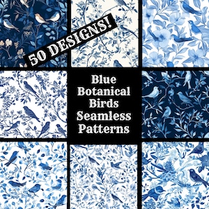 Puede incluir: Un collage de nueve patrones sin costuras con pájaros botánicos azules sobre un fondo blanco o azul. El texto "50 DESIGNS!" y "Blue Botanical Birds Seamless Patterns" está incluido en la imagen.