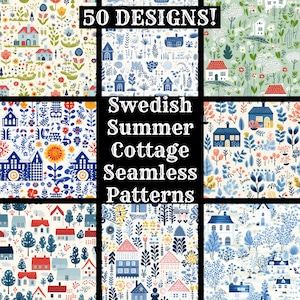 Schwedische Sommer Häuschen nahtlose digitales Papier, druckbare Scrapbook Papier nahtlose Texturen, sofortiger Download kommerzielle Nutzung nahtlose Häuschen
