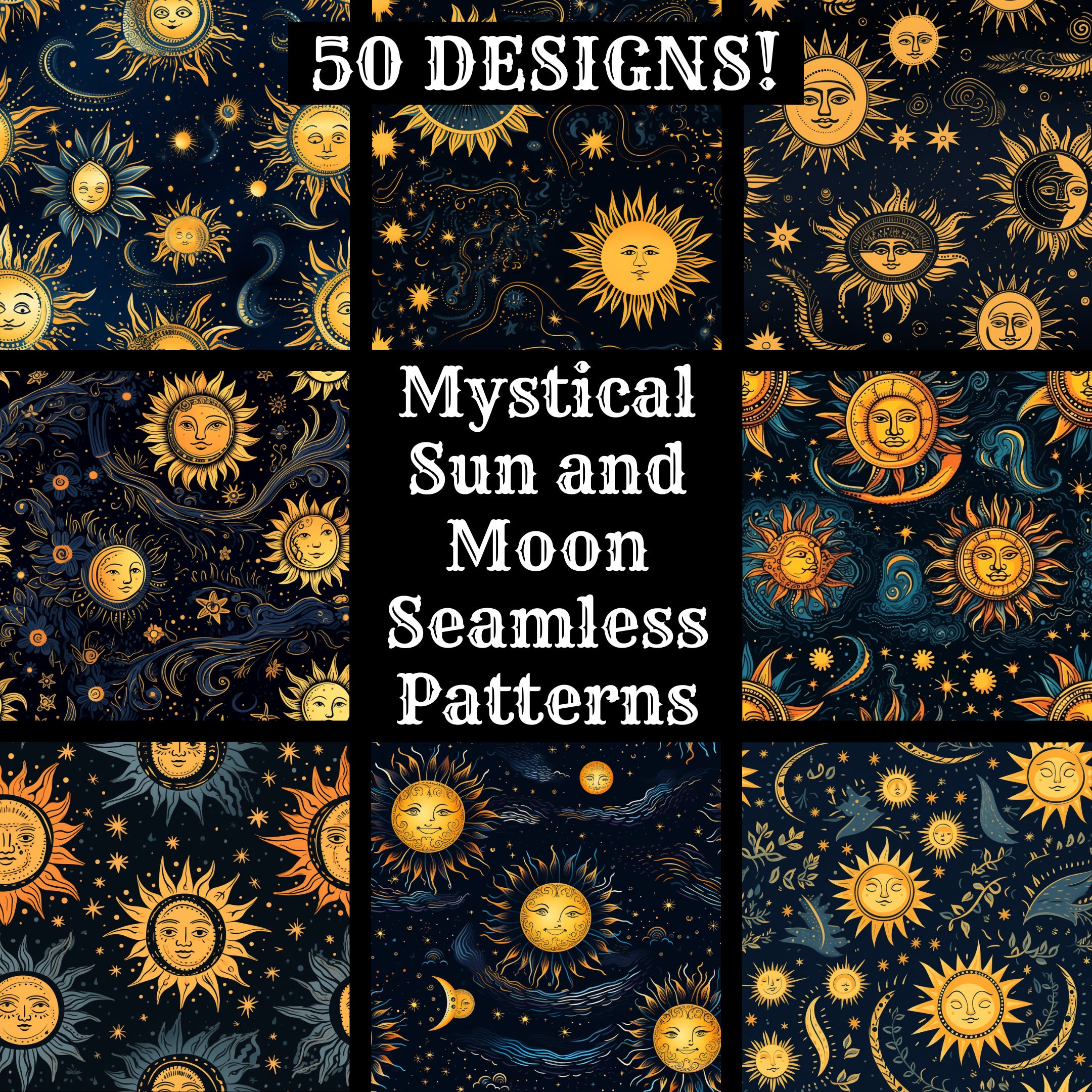 Mystical Sun and Moon Seamless Digital Paper, Printable Scrapbook Paper ...