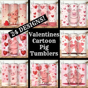 Paquete de 24 vasos de dibujos animados de cerdo de San Valentín Vasos delgados de 20 oz de cerdo de San Valentín Diseños de sublimación Vaso cónico de cerdo de San Valentín PNG