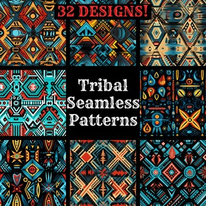 May include: A set of 32 tribal seamless patterns in a variety of colors, including blue, red, yellow, and black. The patterns are geometric and abstract, and they would be perfect for use in textiles, wallpaper, or other design projects. The text "Tribal Seamless Patterns" is displayed in the center of the image.