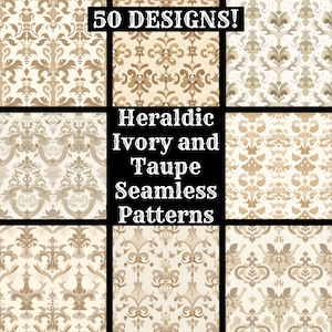 Heraldic Ivory and Taupe Seamless Digital Paper, Printable Scrapbook Paper Seamless Textures, Digital Instant Download Heraldic Background