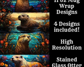 Stained Glass Otter 11oz Mug Wrap: Sublimation Designs (PNG, Digital Download)