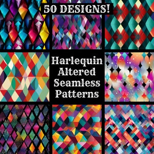 Könnte beinhalten: Ein Satz von 9 bunten, geometrischen nahtlosen Mustern. Die Muster bestehen aus Rauten, Kreisen und anderen Formen. Der Text "Harlequin Altered Seamless Patterns" befindet sich in der Mitte des Bildes.