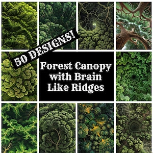 Könnte beinhalten: Eine Collage aus 9 Bildern, die verschiedene Designs eines Walddaches mit hirnartigen Kämmen zeigen. Der Text "50 DESIGNS!" ist diagonal über die Collage geschrieben. Der Text "Forest Canopy with Brain Like Ridges" ist in weißer Schrift auf schwarzem Hintergrund in der Mitte der Collage geschrieben.