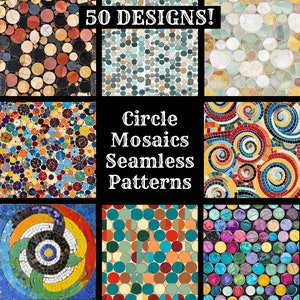Può includere: Un collage di 50 diversi motivi a mosaico circolare senza cuciture. I motivi sono composti da piccoli cerchi di vari colori, tra cui rosso, blu, verde, giallo e nero. Il testo "Circle Mosaics Seamless Patterns" è visualizzato al centro del collage.