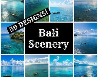 Puede incluir: Un collage de 9 imágenes que muestran la belleza del paisaje de Bali. Las imágenes presentan aguas turquesas, islas verdes exuberantes y barcos tradicionales. El texto "50 DESIGNS! Bali Scenery" está superpuesto al collage.