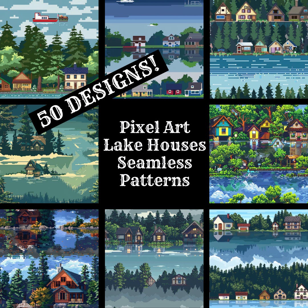 Pixel Art Lake Houses Seamless Digital Paper, Printable Scrapbook Paper ...