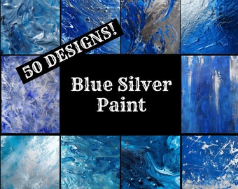 Blue Silver Paint Digital Paper: 50 PNG Scrapbook Journal Inserts (Digital Download)