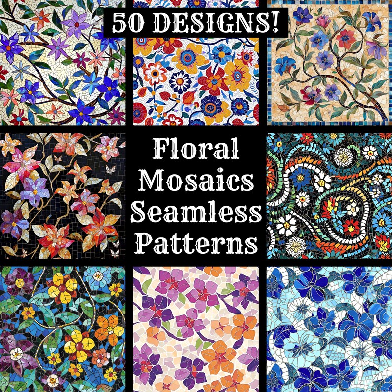 Floral Mosaic Seamless Patterns: 50 PNG Digital Papers (digital ...