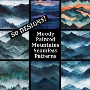 Puede incluir: Nueve patrones de montañas sin costuras en tonos de azul, verde azulado y naranja. La imagen incluye el texto "50 DESIGNS!" y "Moody Painted Mountains Seamless Patterns."