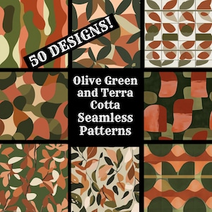 Pode incluir: Nove padrões sem costura em verde oliva e terracota. Os padrões apresentam formas abstratas e desenhos botânicos. O texto "50 DESIGNS!" está em um retângulo preto. O texto "Olive Green and Terra Cotta Seamless Patterns" está em branco.