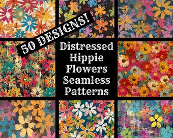 Distressed Hippie Flowers Seamless Pattern: 50 PNG Digital Papers (Digital Download)