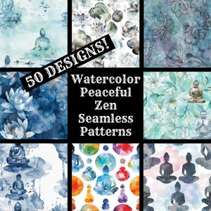 Watercolor Zen Seamless Patterns: 50 PNG Digital Papers (Digital Download)