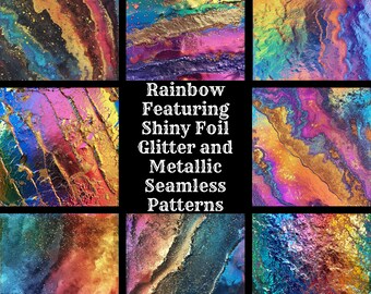 Op de afbeelding: Een collage van kleurrijke, abstracte ontwerpen met metallic en glitter effecten. De tekst bovenaan luidt "50 DESIGNS!" en de tekst in het midden luidt "Rainbow Featuring Shiny Foil Glitter and Metallic Seamless Patterns."