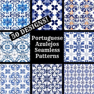 May include: A collection of 50 Portuguese Azulejos seamless patterns. The patterns are in blue and white and feature intricate floral designs. The text "50 DESIGNS!" and "Portuguese Azulejos Seamless Patterns" is displayed on a black background.