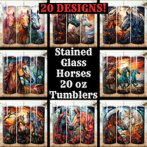 Stained Glass Horses Tumbler Wrap Bundle 20er Pack 20 Unzen Skinny Tumbler Sublimation Designs Gerader konischer Becher PNG, Instant Download