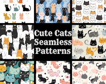 May include: A set of 50 cute cat seamless patterns in various colors and styles. The patterns feature cats in different poses, including sleeping, sitting, and standing. The text "Cute Cats Seamless Patterns" is displayed in the center of the image.
