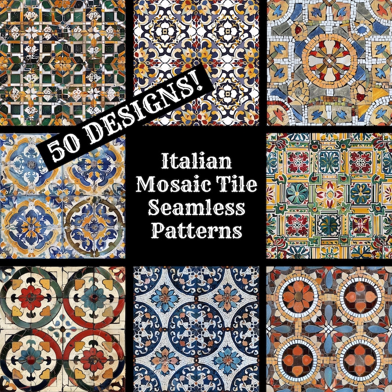 Italian Mosaic Tile Seamless Patterns: 50 PNG Digital Papers (digital ...