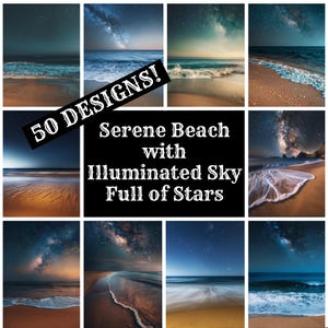 Sereen strand met verlichte lucht vol sterren Journaalpapier, afdrukbaar papier, vintage tijdschriftenbenodigdheden, inlegvellen