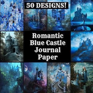 Romantic Blue Castle Journal Paper, Romantic Blue Castle Printable Paper, Vintage Romantic Blue Castle Journal Supplies, Journal Inserts