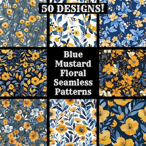 Puede incluir: Un conjunto de 50 patrones florales sin costuras en azul y amarillo. Los patrones presentan una variedad de diseños florales, que incluyen flores pequeñas, flores grandes y hojas. El texto "Blue Mustard Floral Seamless Patterns" se muestra en el centro de la imagen.