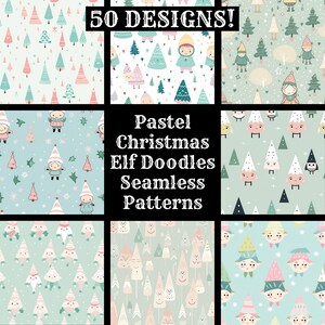 Puede incluir: Una colección de patrones sin costuras con temática navideña en colores pastel. Los diseños presentan garabatos de elfos, árboles de Navidad y otros elementos festivos. La imagen incluye el texto "50 DESIGNS!" y "Pastel Christmas Elf Doodles Seamless Patterns."