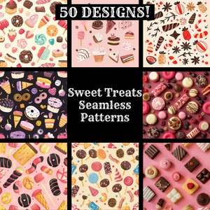 May include: A set of 50 seamless patterns featuring various sweet treats, including donuts, cupcakes, lollipops, candy, and chocolate. The patterns are in a variety of colors and styles, and are perfect for use in scrapbooking, card making, and other craft projects. "Sweet Treats Seamless Patterns" is written in white text on a black background.