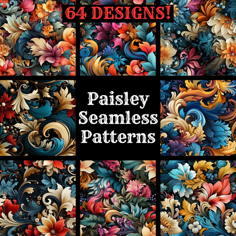 Paisley Seamless Pattern Bundle: 64 PNG Digital Papers (digital ...