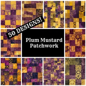 Puede incluir: Un collage de 50 diseños de patchwork diferentes en colores ciruela y amarillo mostaza. El texto "50 DESIGNS!" y "Plum Mustard Patchwork" se muestra en la imagen.