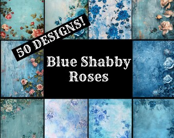 Blue Shabby Roses Journal Paper: Vintage Scrapbook (Digital Download)