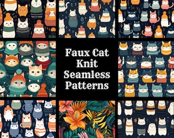 Faux Cat Knit Seamless Pattern: 50 PNG Digital Papers (Digital Download)