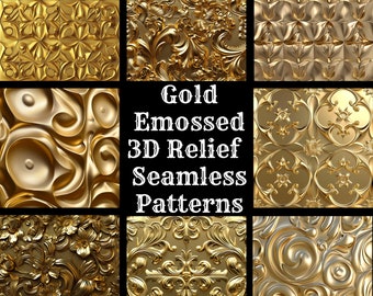 Gold Embossed 3D Relief Seamless Patterns: Digital Paper (PNG)