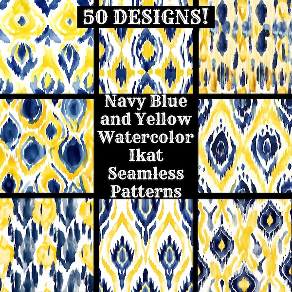 Navy Blue and Yellow Watercolor Ikat Seamless Digital Paper, Printable Scrapbook Paper Seamless Textures, Digital Instant Download Fabric