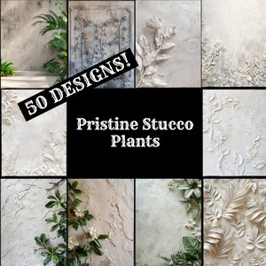 May include: A collage of 50 different designs of white stucco plant wall art. The text "Pristine Stucco Plants" is in the center of the image.