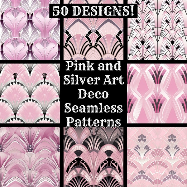 Pink & Silver Art Deco Seamless Patterns: 50 PNG Papers (Digital Download)