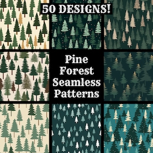 May include: A set of 9 seamless patterns featuring pine trees in various shades of green, brown, and white on different colored backgrounds. The patterns are titled "Pine Forest Seamless Patterns".
