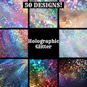 May include: A collage of nine images showcasing 50 different holographic glitter designs. The images feature various colors and textures of glitter, including iridescent, rainbow, and silver.