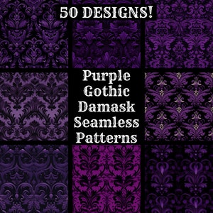 Könnte beinhalten: Eine Collage aus 50 nahtlosen Damastmustern in Lila und Schwarz. Der Text "Purple Gothic Damask Seamless Patterns" befindet sich in der Mitte des Bildes.