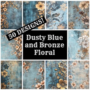 Stoffig blauw en brons bloemendagboekpapier, stoffig blauw en brons bloemen afdrukbaar papier, vintage dagboekbenodigdheden, dagboekbijlagen