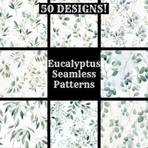 May include: An image showcasing a variety of eucalyptus seamless patterns. The design features multiple square panels, each with a different watercolor-style eucalyptus leaf arrangement. The text "50 DESIGNS!" and "Eucalyptus Seamless Patterns" are also visible.