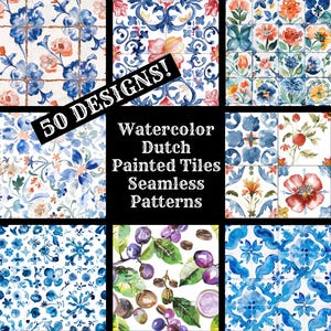Papel digital sin costuras con azulejos pintados holandeses en acuarela, papel para álbum de recortes imprimible con texturas sin costuras, descarga digital instantánea