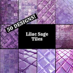 May include: A collage of 50 different designs of lilac sage tiles. The tiles are in various patterns and textures, including square, diamond, and herringbone.